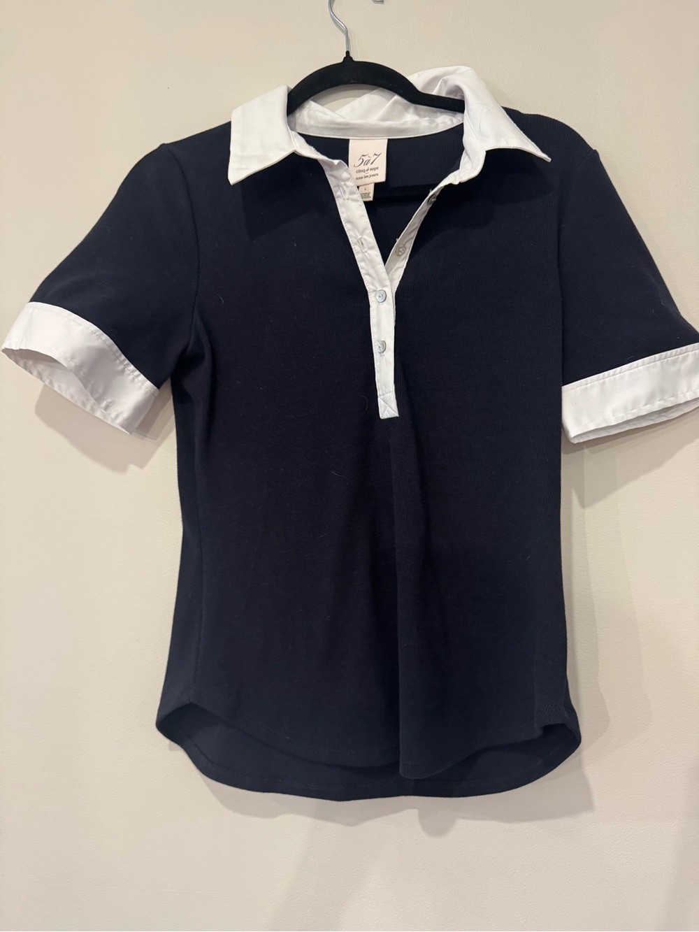 cinq a sept Black Short-Sleeve Button-Down Top with White Collar and Cuffs